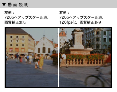[動画説明] 左側：720pへアップスケール済、画質補正無し／右側：720pへアップスケール済、120fps化、画質補正あり